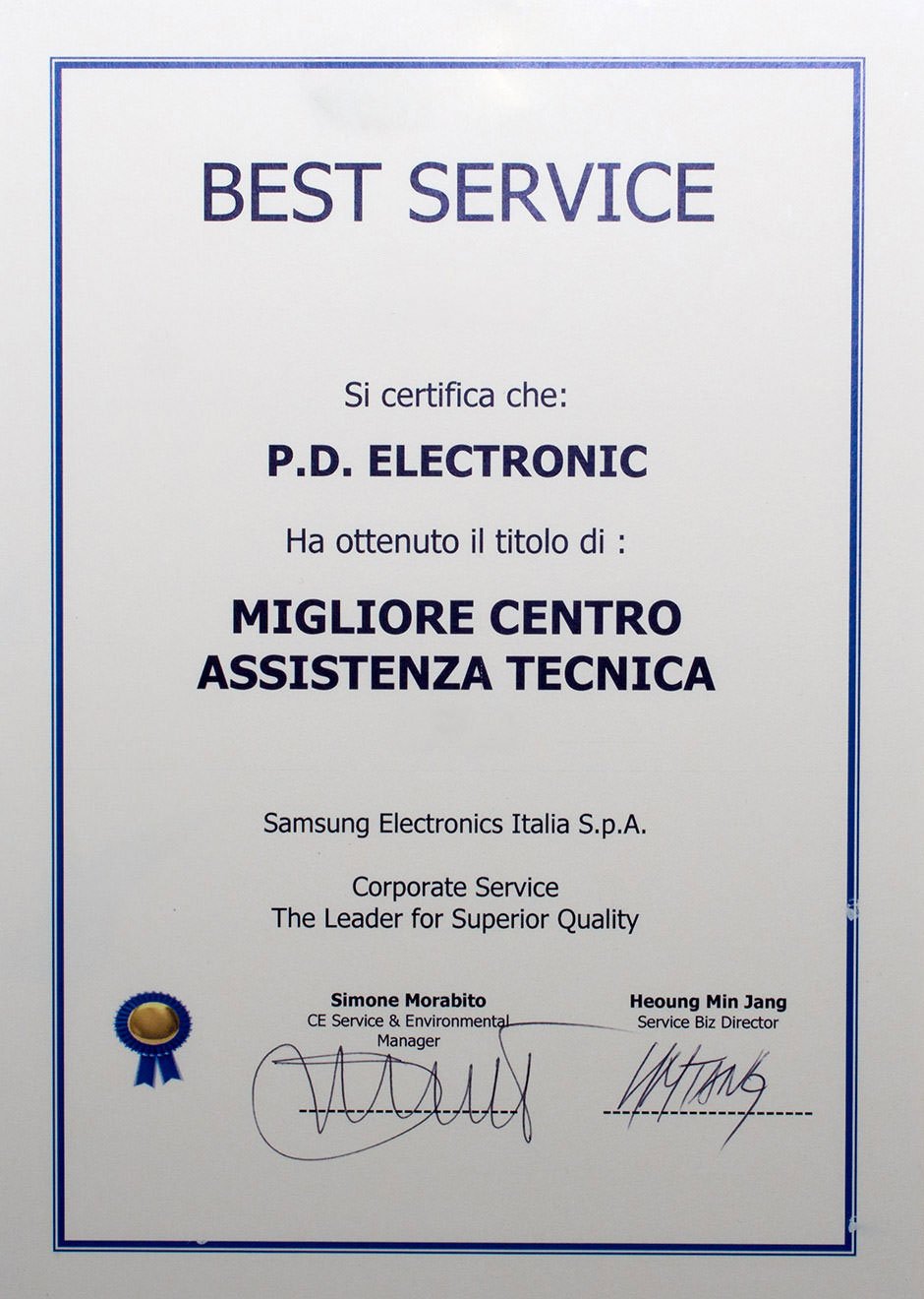 Riconoscimento per il miglior service Samsung 2013